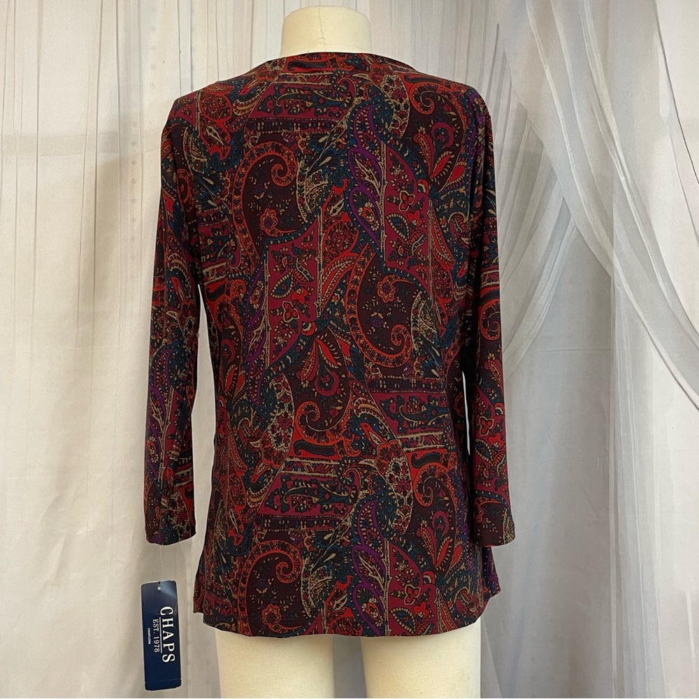 Chaps Multicolor Paisley V-Neck Blouse Vibrant Design Office Business Top Tunic - Picture 4 of 8